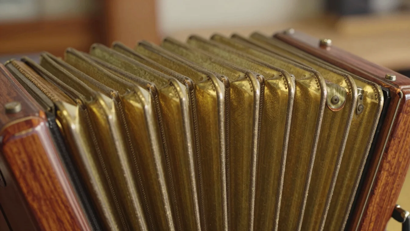 Macro detail of accordion bellows stitching and polished key bed,