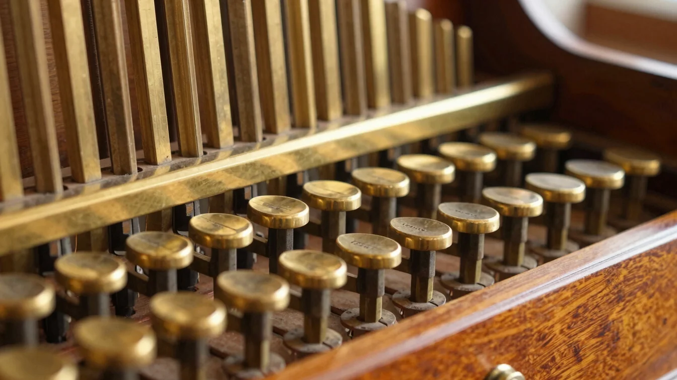 Close-up of harmonium keywork and reed mechanism, warm side-lit w