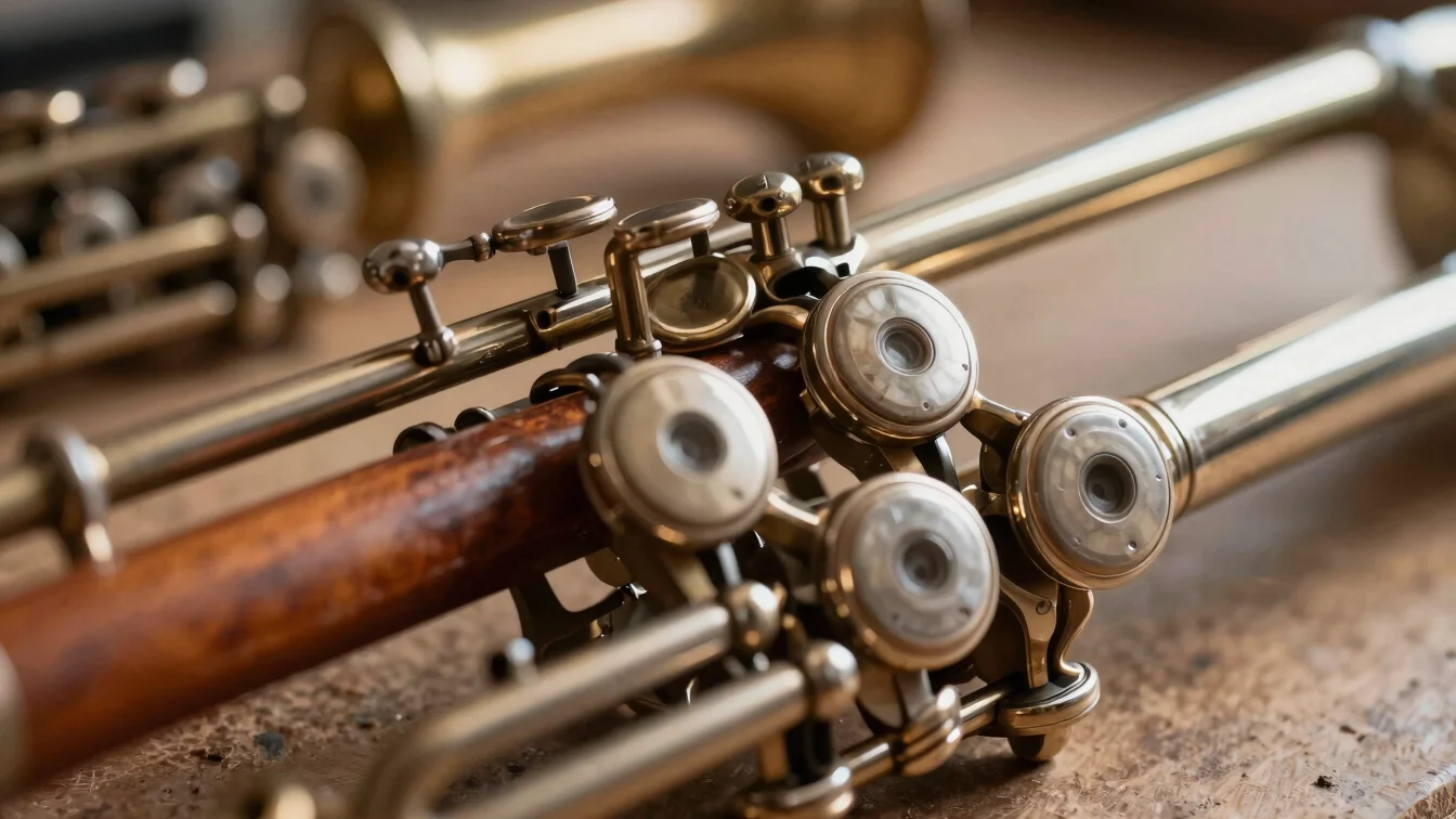 Macro focus on a woodwind instrument's keys and pads, warm side-l