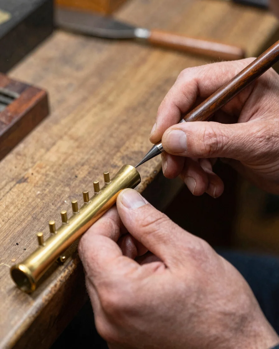 Close-up of a craftsman's hands meticulously filing a brass reed on a tuning bench, soft directional daylight highlighti