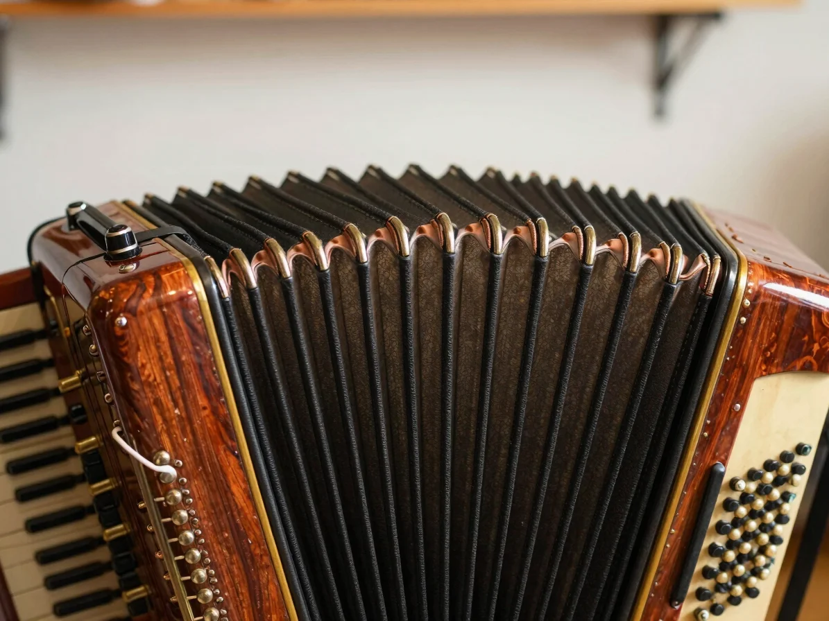 Macro shot of tightly stitched leather bellows on an accordion, w