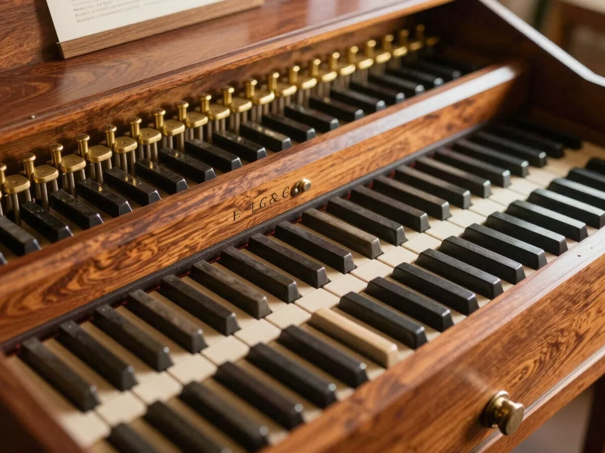 Close-up of polished mahogany key bed on a harmonium, showing int
