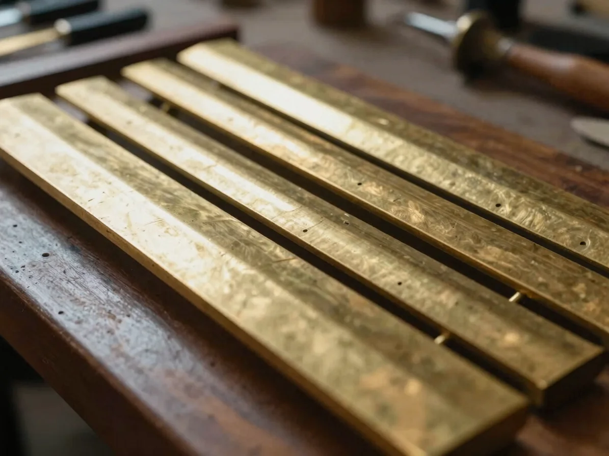 Close-up of hand-cut brass reeds arranged on a workbench, ready f
