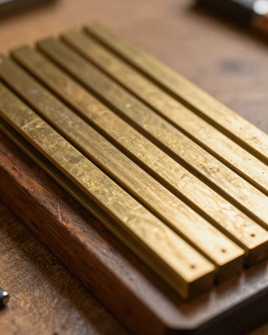 Macro workshop photograph of hand-cut brass reeds being voice-tuned on a mahogany workbench under soft daylight, close-u